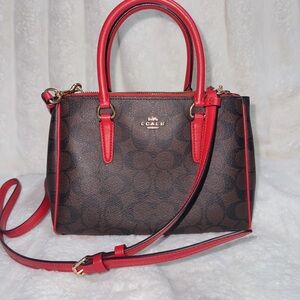 Coach Mini Rowan Satchel Signature Brown Red Crossbody bag